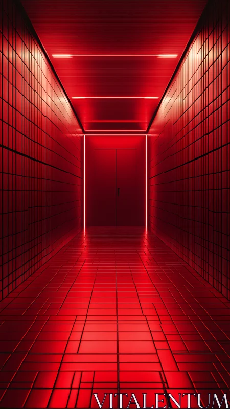 Scarlet neon corridor framing a mysterious sealed doorway.