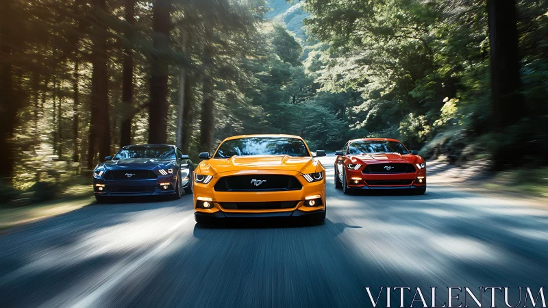 Three sports cars driving on forest road in daylight.