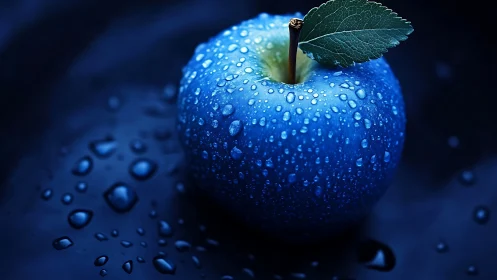 Iridescent blue apple with dewdrops on midnight surface.