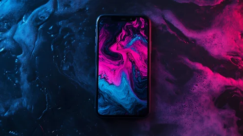 Neon smartphone display on bicolor liquid gradient surface.