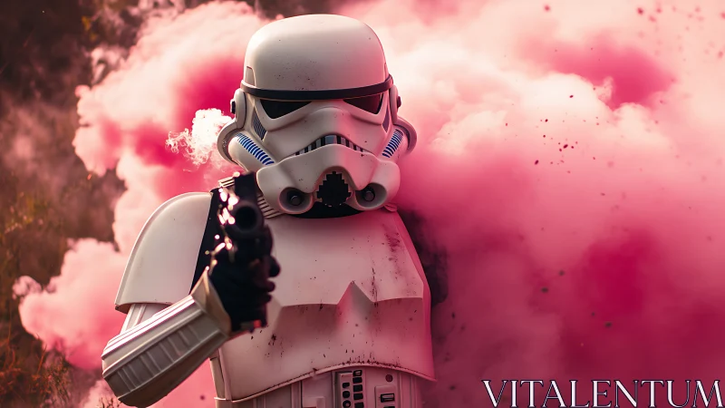 Stormtrooper stands in dense pink smoke cloud, blaster raised.