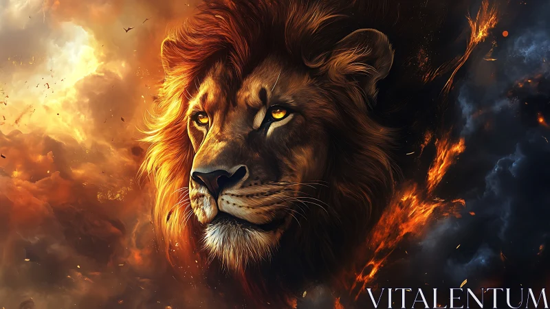 Lion head in contrasting fire and smoke environment.