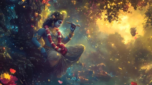 Divine blue figure with flute in luminous forest scene.