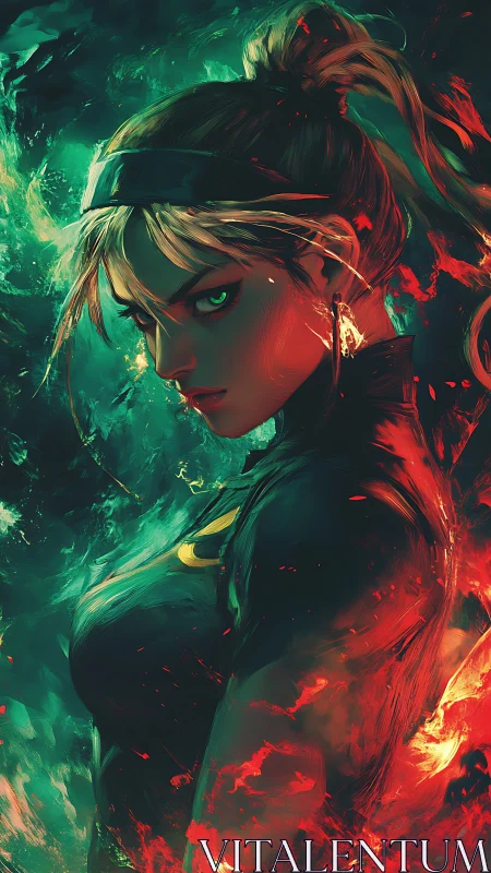 Fiery cyber warrior in teal and red swirling energy portrait.