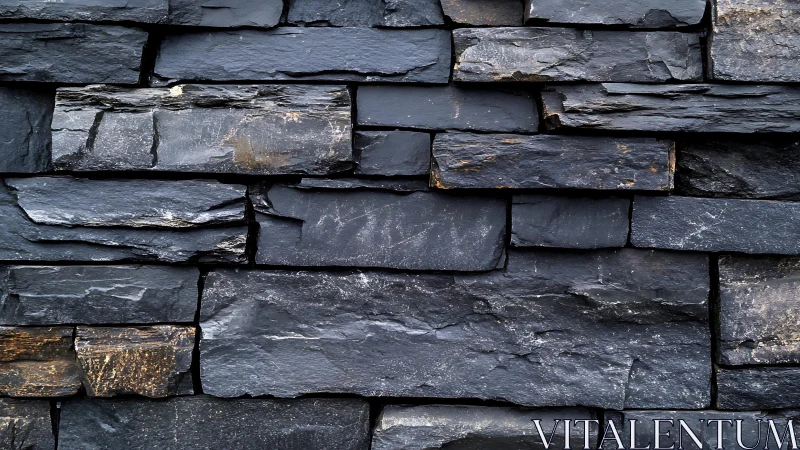 Close-Up of Stacked Black Slate Stone Wall with Natural Texture.