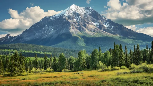 Snow-capped alpine peak rises over dense conifer forest plain