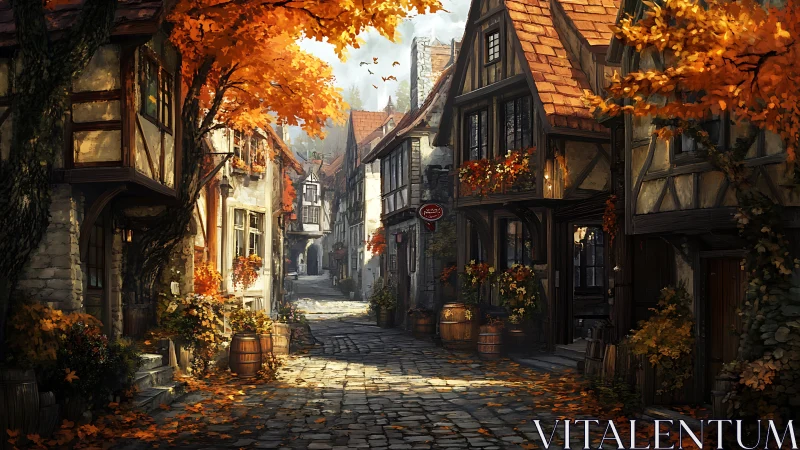 Medieval village street glows under warm autumn foliage light