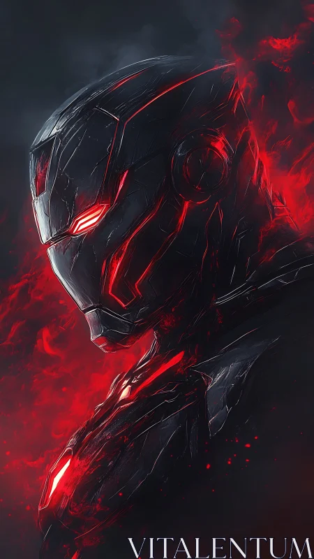 Dark armored cyborg head with glowing red energy.