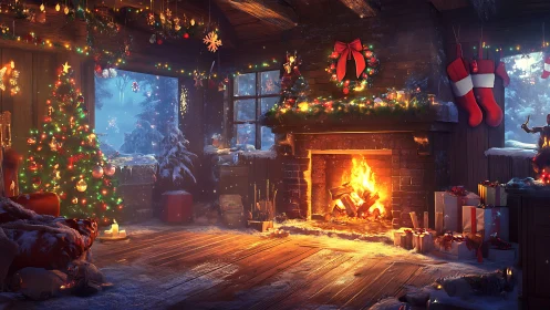 Glowing Christmas cabin interior embraces winter warmth and joy.
