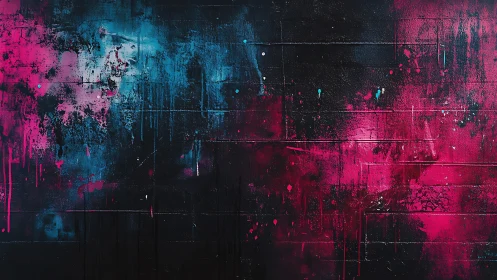 Neon pink and cyan paint splatter on dark textured wall