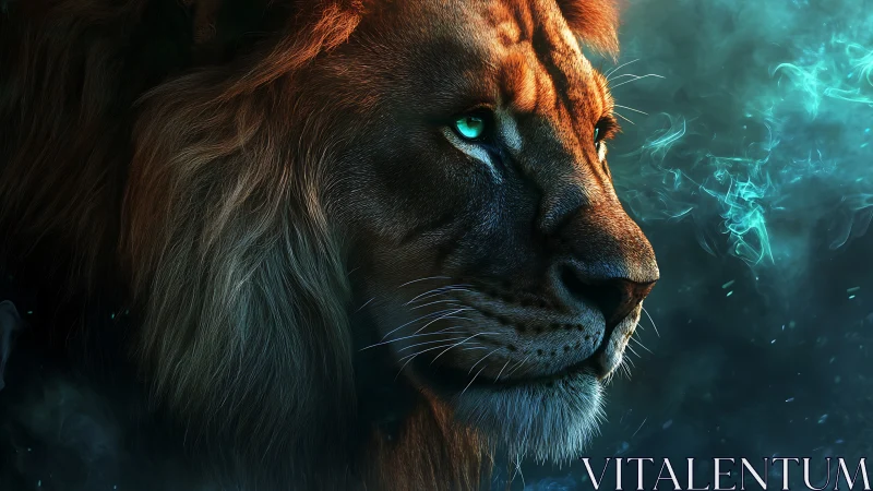 Majestic lion gazes into glowing blue mist with calm strength