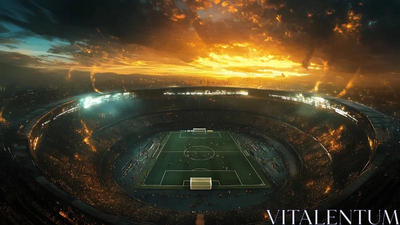 Sunset soccer stadium under dramatic glowing sky.
