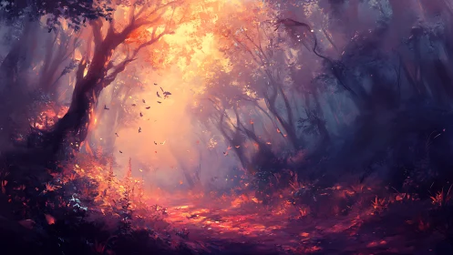 Forest inferno with volumetric light rays, glowing canopy, airborne particles, digital rendering