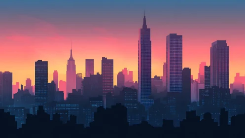 Neon dusk skyline stretches across a glowing urban horizon.