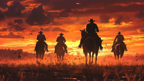 Sunset cowboy convoy in cinematic digital silhouette composition.