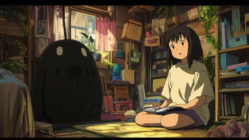 Girl and shadow creature share a quiet moment in cluttered room