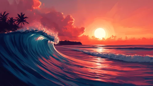 Cresting tropical wave under saturated magenta sunset sky