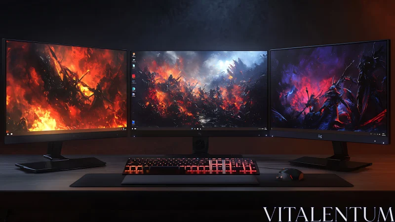 Triple gaming monitor setup glows with fiery battle art