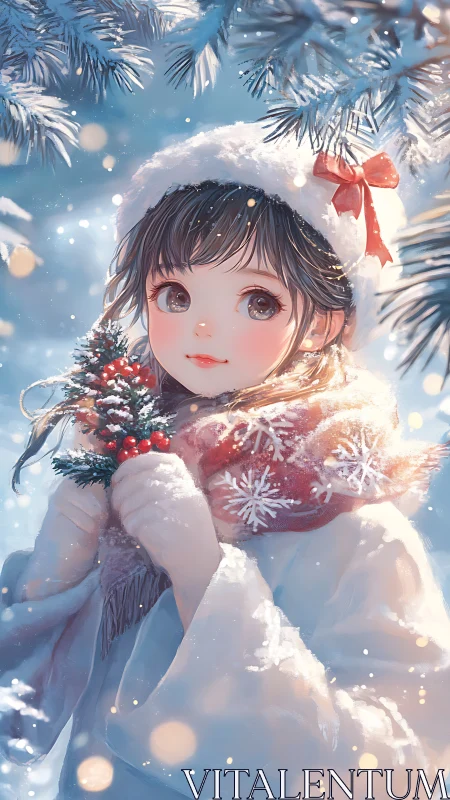 Snowlit girl with red ribbon under frosted pine branches.