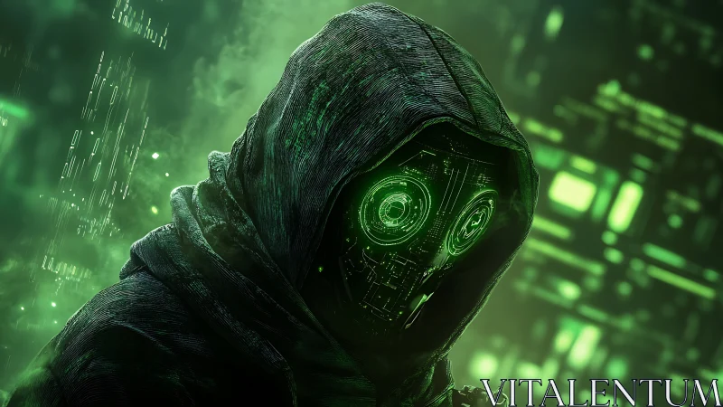 Cybernetic hooded hacker peers through neon green digital haze.