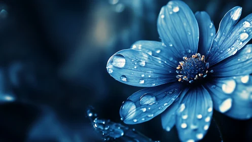 Blue Daisy with Water Droplets in Macro Focus Photography