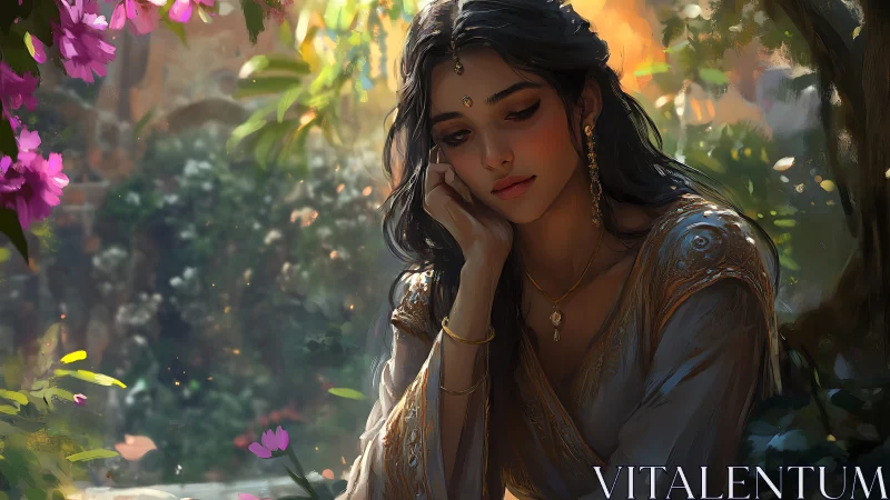 Dreaming woman in jeweled gown within sunlit garden.