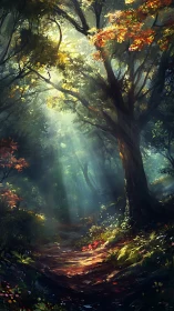 Luminescent Forest Pathway: Crepuscular Lighting Through Ancient Canopy.