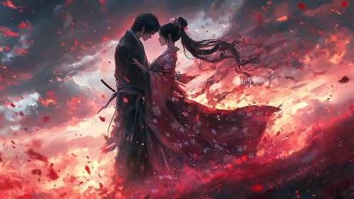 Samurai couple standing close amid red storm sky.