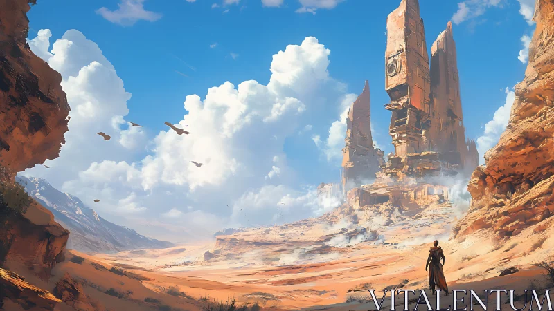 Desert wanderer nears colossal sci fi sandstone towers.