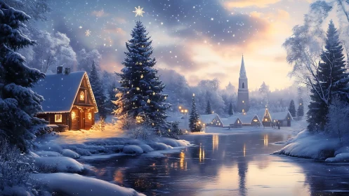 Snowlit riverside village wrapped in glowing winter hush.