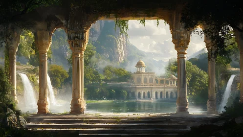 Riverside palace complex framed by ruins and waterfalls.