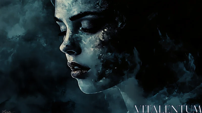 Profile view of abstract female face merging with smoke.