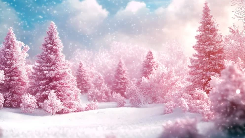 Pink winter forest glows under soft snowfall and pastel sky