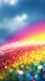 Macro rainbow glitter arc under soft moody sky backdrop.