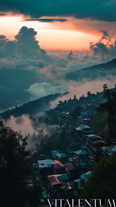 Mountain village roofs glow beneath dramatic storm clouds