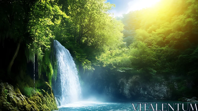 Sunlit forest waterfall whispering through emerald mist.