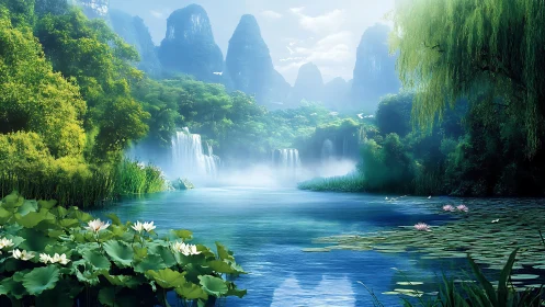 Misty waterfall river valley with lotus and lush forest.