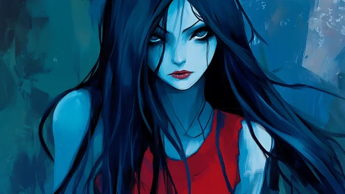 Midnight siren in scarlet dress, carved from cold starlight.