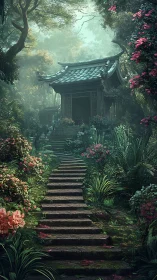Stone stairway to secluded shrine in lush misty garden.