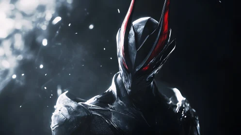 Armored alien warrior emerges from shadow in eerie glow