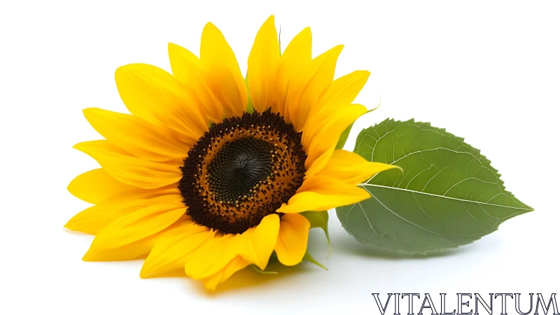 Large sunflower with dark center and green leaves on white background