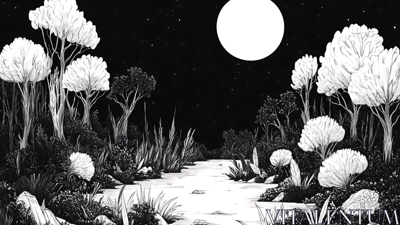 Moonlit Garden: Where Trees Dance Under Starlit Skies