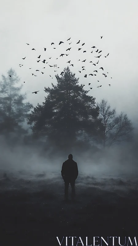 Silhouette under flock over misty forest clearing at dawn.