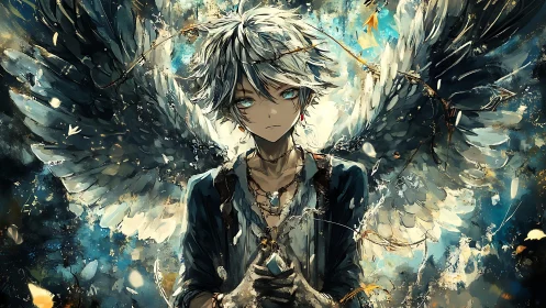 Winged anime boy stands centered in dynamic blue light