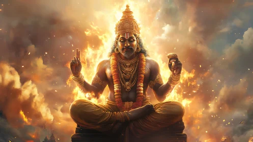 Seated four-armed deity amid flames and cloudy sky.