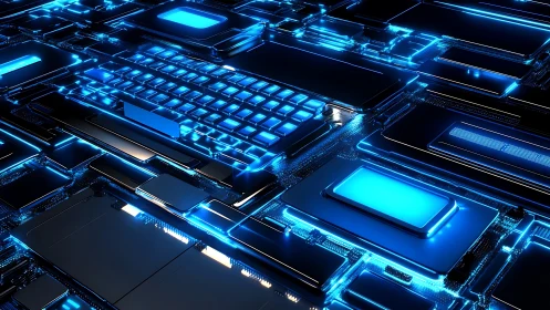 Futuristic neon keyboard on glowing circuit board surface.