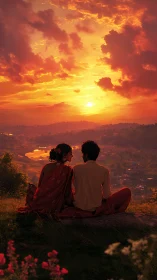 Couple watches golden sunset from hillside overlook.