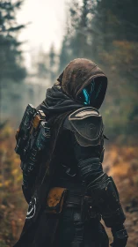 Hooded sci fi ranger walks alone through a misty forest.