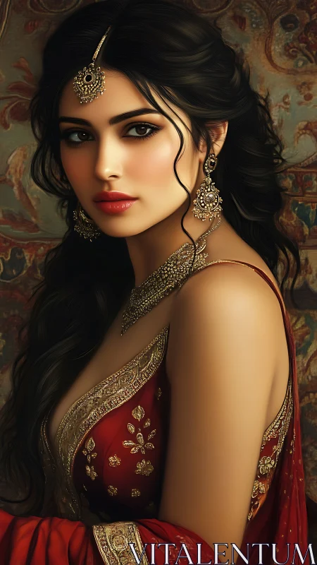 Regal woman in red sari gazes softly in warm light.