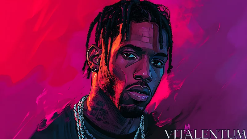 Neon-lit digital portrait uses hard-edge shading and split lighting